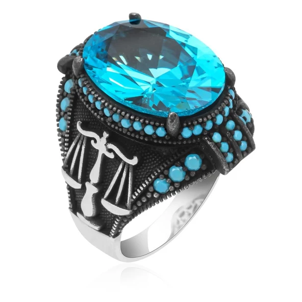 Adalet Terazisi Aqua Mavi Taşlı 925 Gümüş Erkek Yüzük - Resim 10