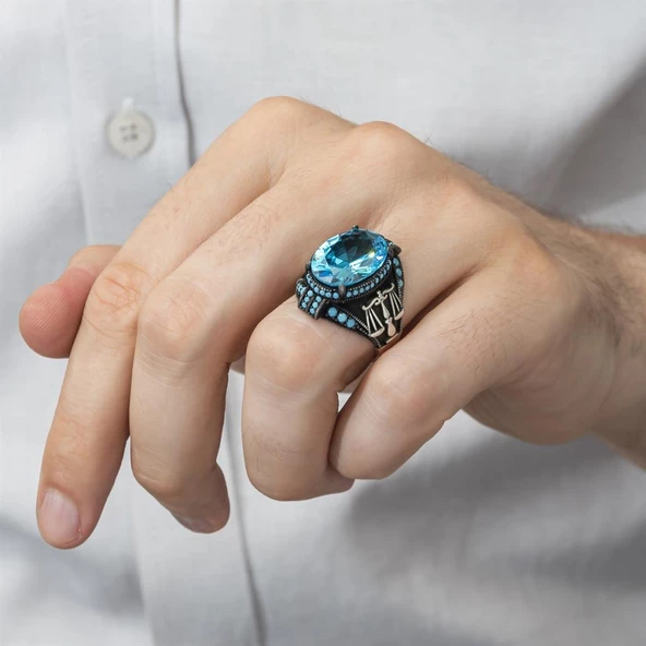 Adalet Terazisi Aqua Mavi Taşlı 925 Gümüş Erkek Yüzük - Resim 5