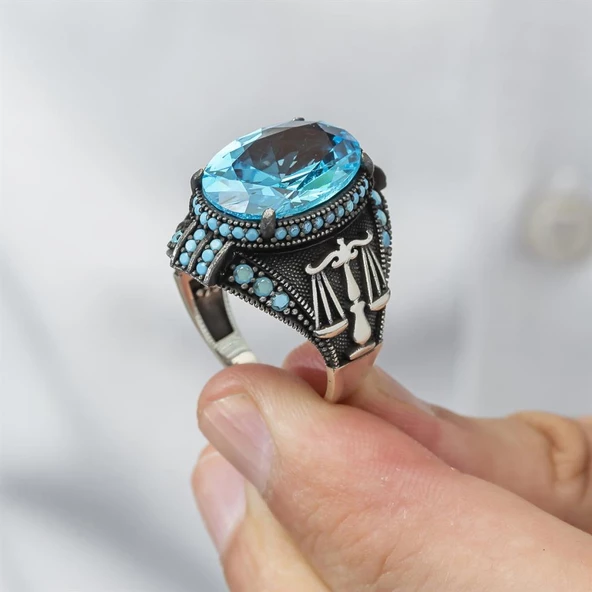 Adalet Terazisi Aqua Mavi Taşlı 925 Gümüş Erkek Yüzük - Resim 8