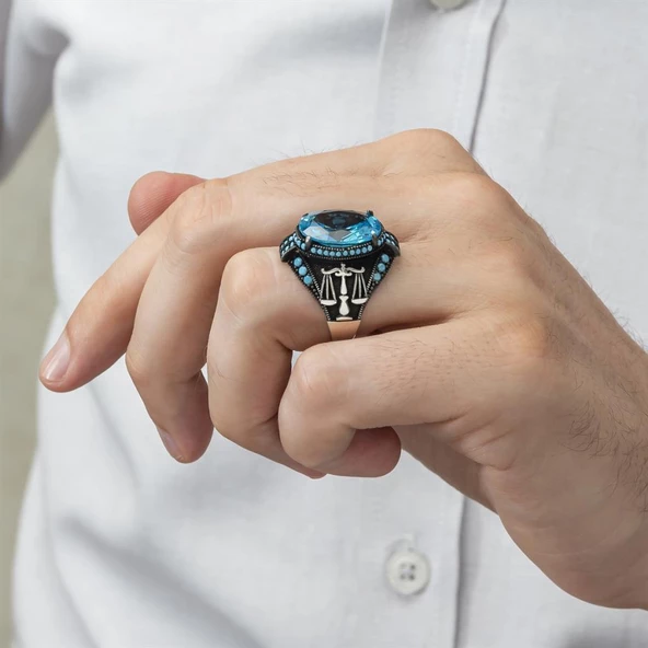 Adalet Terazisi Aqua Mavi Taşlı 925 Gümüş Erkek Yüzük - Resim 4