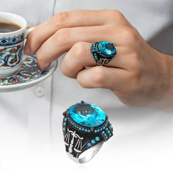 Adalet Terazisi Aqua Mavi Taşlı 925 Gümüş Erkek Yüzük - Resim 9