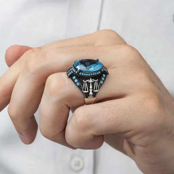 Adalet Terazisi Aqua Mavi Taşlı 925 Gümüş Erkek Yüzük - Resim 11