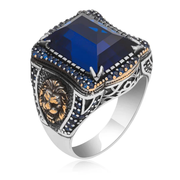 Aslan Başı Motifli Parlament Mavi Taşlı 925 Gümüş Erkek Yüzük - 9