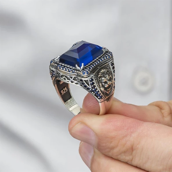 Aslan Başı Motifli Parlament Mavi Taşlı 925 Gümüş Erkek Yüzük - 12