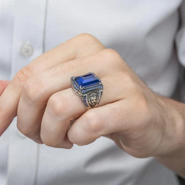 Aslan Başı Motifli Parlament Mavi Taşlı 925 Gümüş Erkek Yüzük - 10