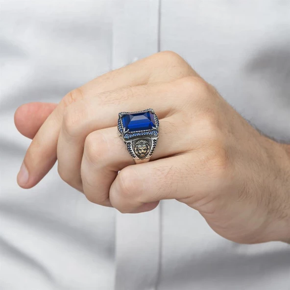Aslan Başı Motifli Parlament Mavi Taşlı 925 Gümüş Erkek Yüzük - 11