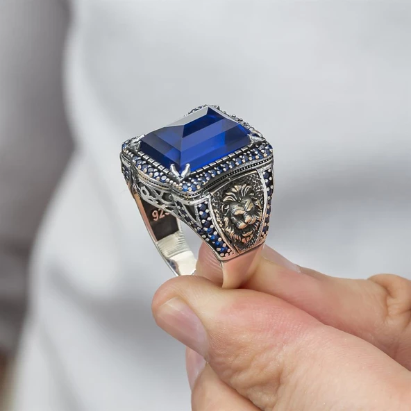 Aslan Başı Motifli Parlament Mavi Taşlı 925 Gümüş Erkek Yüzük - 6