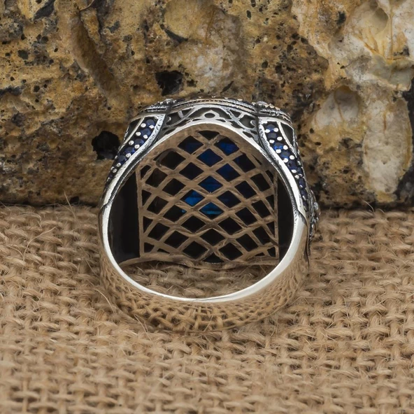 Aslan Başı Motifli Parlament Mavi Taşlı 925 Gümüş Erkek Yüzük - 7