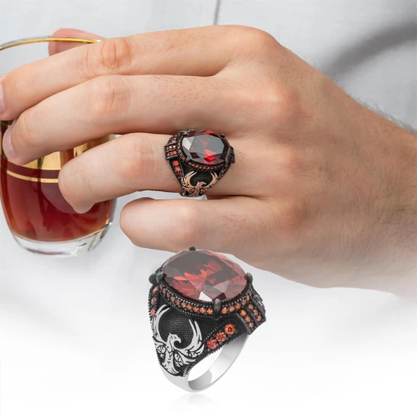 Anka Kuşu Modeli Kırmızı Taşlı 925 Gümüş Erkek Yüzük - Resim 5