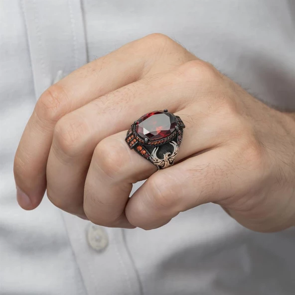 Anka Kuşu Modeli Kırmızı Taşlı 925 Gümüş Erkek Yüzük - Resim 4