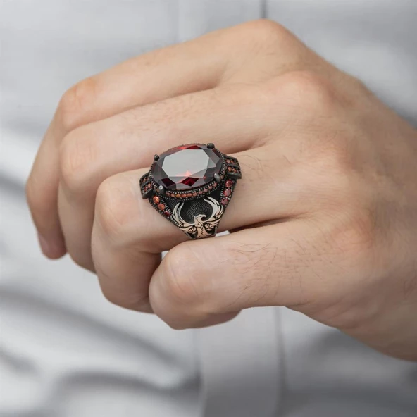 Anka Kuşu Modeli Kırmızı Taşlı 925 Gümüş Erkek Yüzük - Resim 10