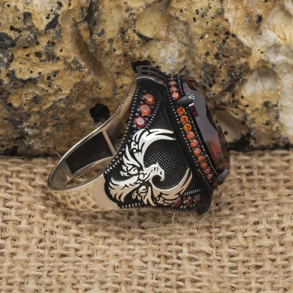 Anka Kuşu Modeli Kırmızı Taşlı 925 Gümüş Erkek Yüzük - Resim 8