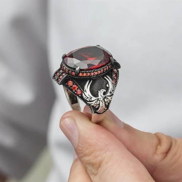 Anka Kuşu Modeli Kırmızı Taşlı 925 Gümüş Erkek Yüzük - Resim 6