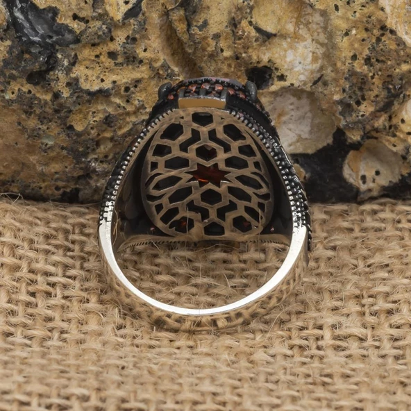 Anka Kuşu Modeli Kırmızı Taşlı 925 Gümüş Erkek Yüzük - Resim 7