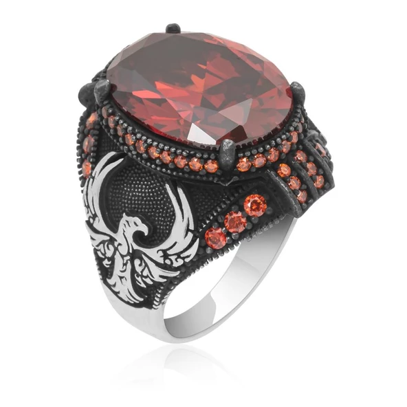 Anka Kuşu Modeli Kırmızı Taşlı 925 Gümüş Erkek Yüzük ürün görseli 1