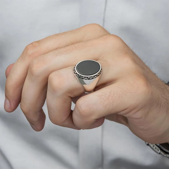 Siyah Oniks Taşlı 925 Gümüş Erkek Yüzük - 3