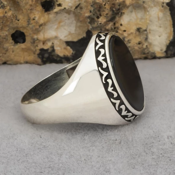 Siyah Oniks Taşlı 925 Gümüş Erkek Yüzük - 7