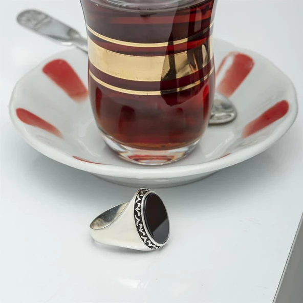 Siyah Oniks Taşlı 925 Gümüş Erkek Yüzük - 8