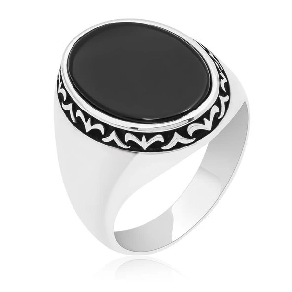 Siyah Oniks Taşlı 925 Gümüş Erkek Yüzük - 2