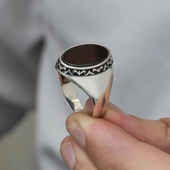 Siyah Oniks Taşlı 925 Gümüş Erkek Yüzük - 5