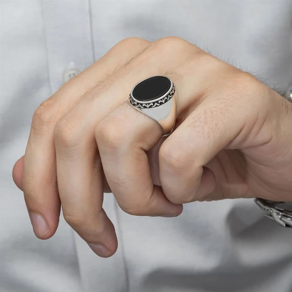 Siyah Oniks Taşlı 925 Gümüş Erkek Yüzük - 6