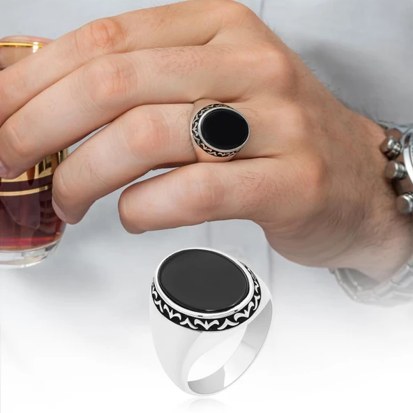 Siyah Oniks Taşlı 925 Gümüş Erkek Yüzük