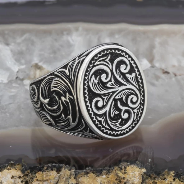 Oyma Desenli Oval Taşsız 925 Gümüş Erkek Yüzük - Resim 7