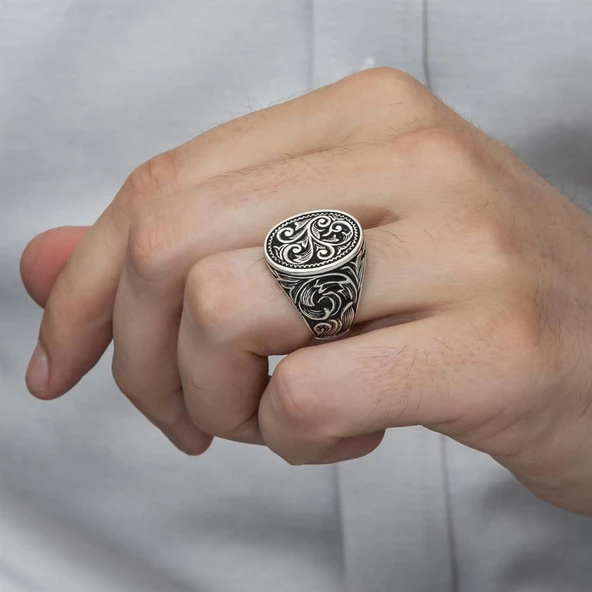 Oyma Desenli Oval Taşsız 925 Gümüş Erkek Yüzük - Resim 6