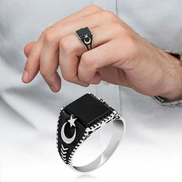 Ayyıldız Motifli Kare Siyah Oniks Taşlı 925 Gümüş Erkek Yüzük - 9