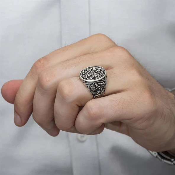 Oyma Desenli Oval Taşsız 925 Gümüş Erkek Yüzük - Resim 3