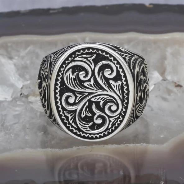 Oyma Desenli Oval Taşsız 925 Gümüş Erkek Yüzük - Resim 8