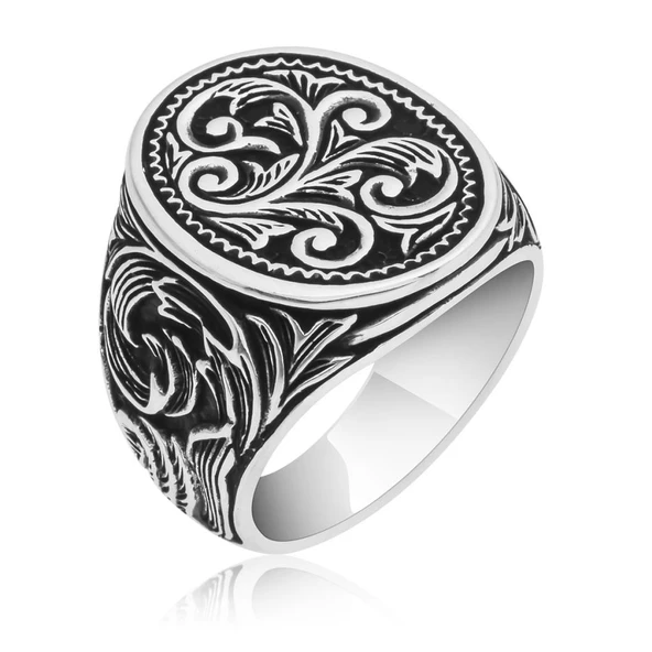 Oyma Desenli Oval Taşsız 925 Gümüş Erkek Yüzük - Resim 10