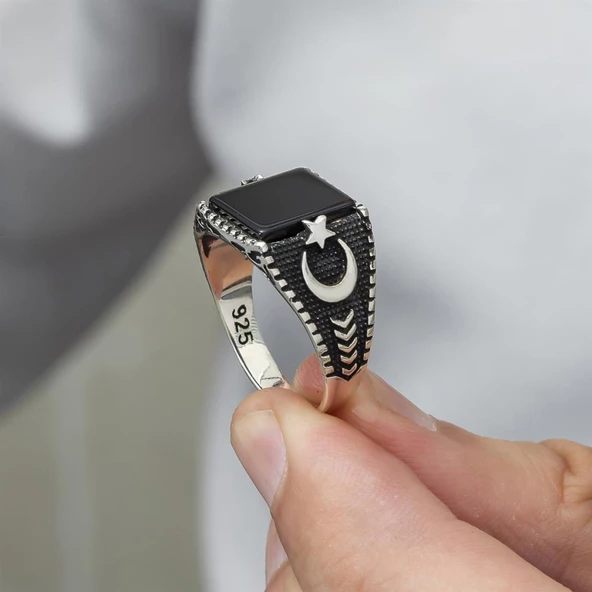 Ayyıldız Motifli Kare Siyah Oniks Taşlı 925 Gümüş Erkek Yüzük - 5