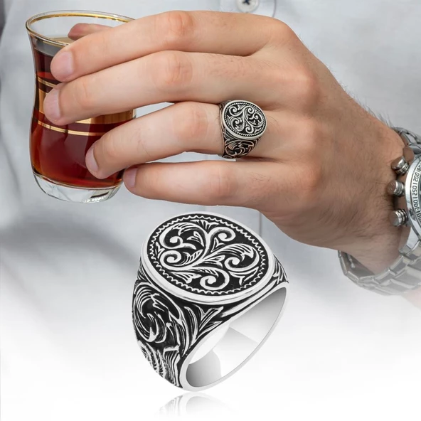 Oyma Desenli Oval Taşsız 925 Gümüş Erkek Yüzük - Resim 9