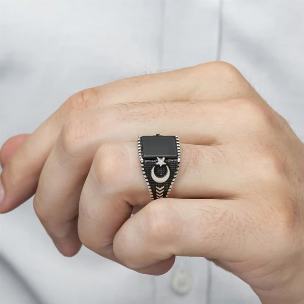 Ayyıldız Motifli Kare Siyah Oniks Taşlı 925 Gümüş Erkek Yüzük - 6