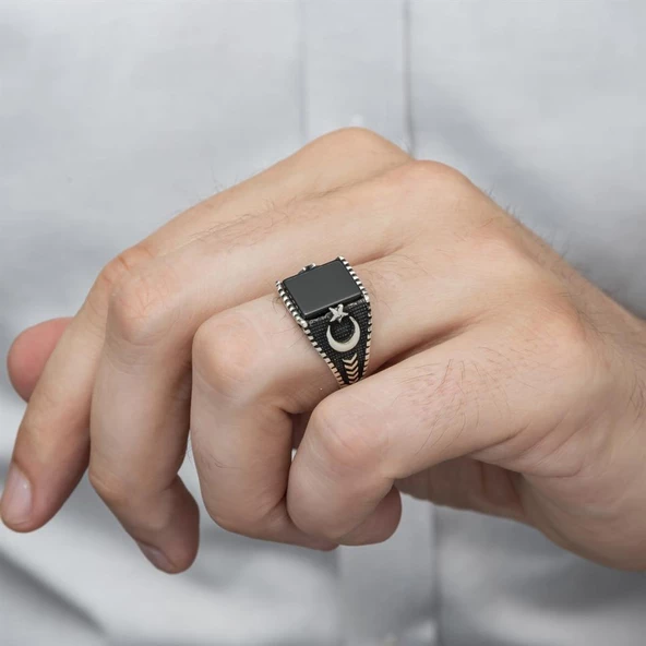 Ayyıldız Motifli Kare Siyah Oniks Taşlı 925 Gümüş Erkek Yüzük - 3