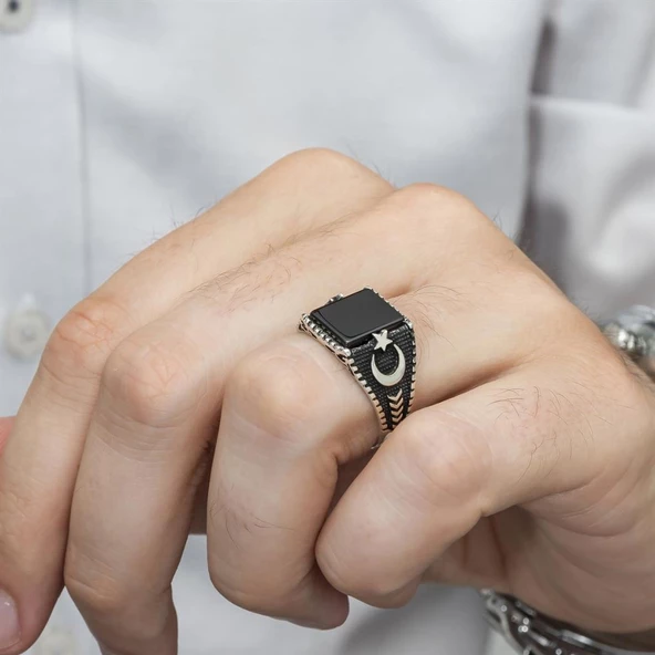 Ayyıldız Motifli Kare Siyah Oniks Taşlı 925 Gümüş Erkek Yüzük - 7
