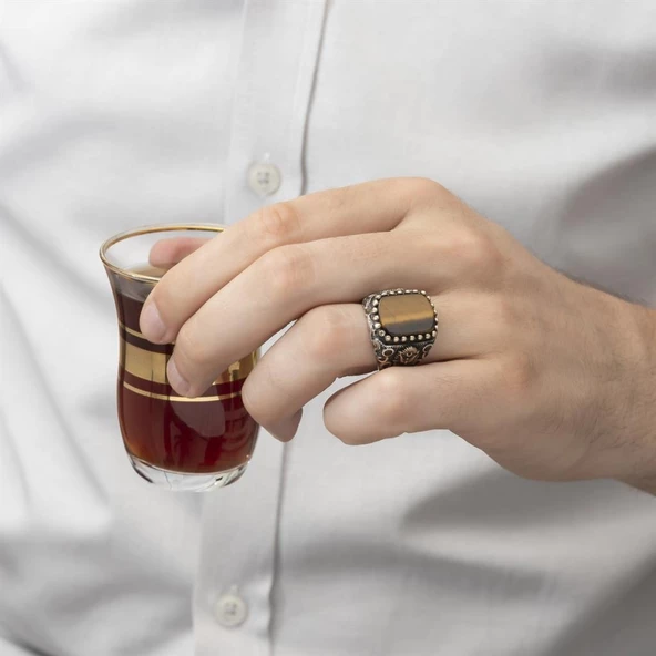 Osmanlı Devleti Armalı Kaplan Gözü Taşlı 925 Gümüş Erkek Yüzük - 3