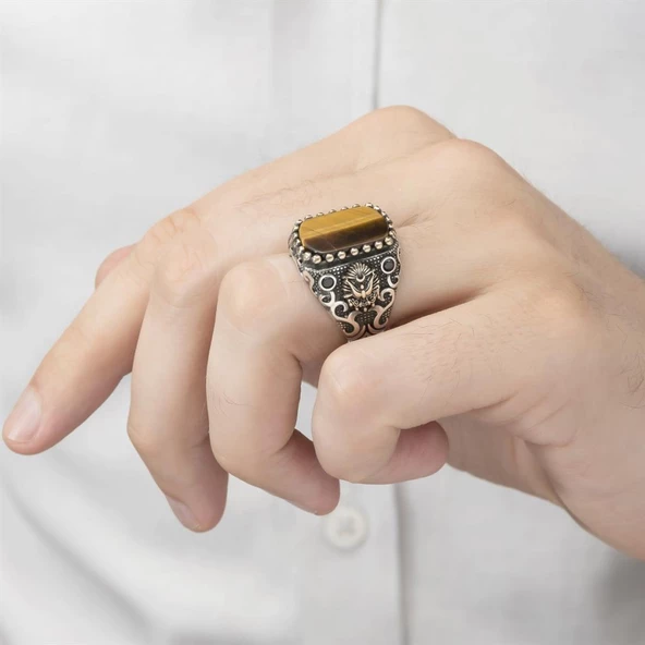 Osmanlı Devleti Armalı Kaplan Gözü Taşlı 925 Gümüş Erkek Yüzük - 4