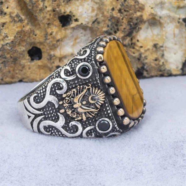 Osmanlı Devleti Armalı Kaplan Gözü Taşlı 925 Gümüş Erkek Yüzük - 10