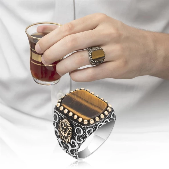 Osmanlı Devleti Armalı Kaplan Gözü Taşlı 925 Gümüş Erkek Yüzük