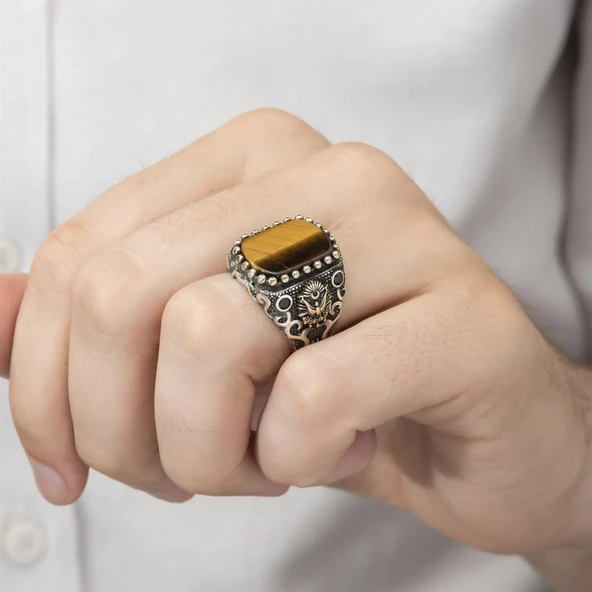 Osmanlı Devleti Armalı Kaplan Gözü Taşlı 925 Gümüş Erkek Yüzük - 7