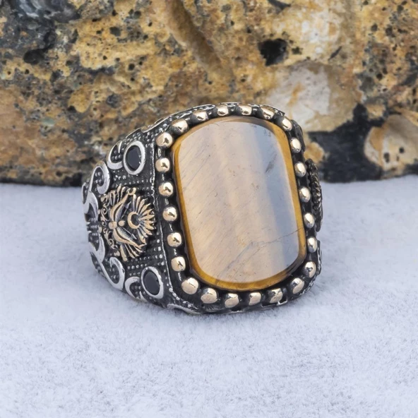 Osmanlı Devleti Armalı Kaplan Gözü Taşlı 925 Gümüş Erkek Yüzük - 9