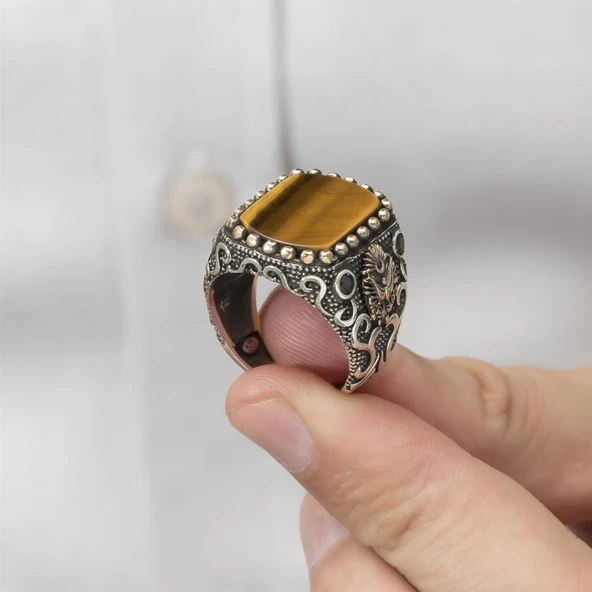 Osmanlı Devleti Armalı Kaplan Gözü Taşlı 925 Gümüş Erkek Yüzük - 5