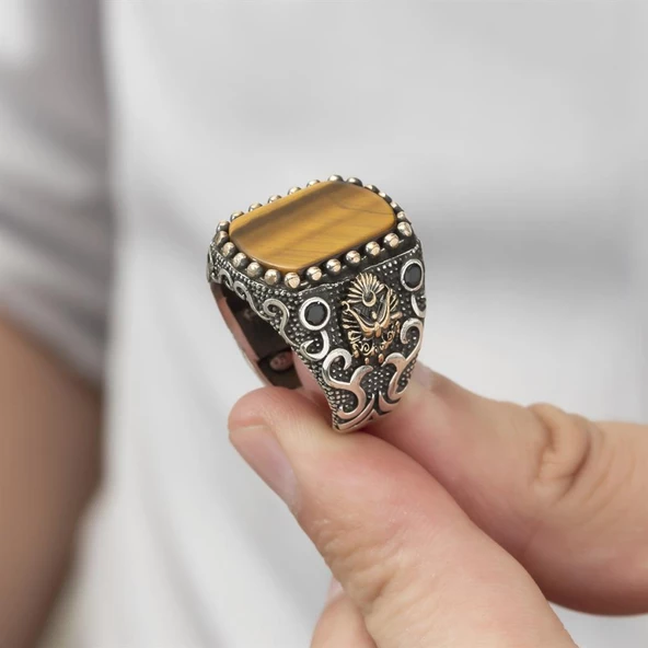 Osmanlı Devleti Armalı Kaplan Gözü Taşlı 925 Gümüş Erkek Yüzük - 6