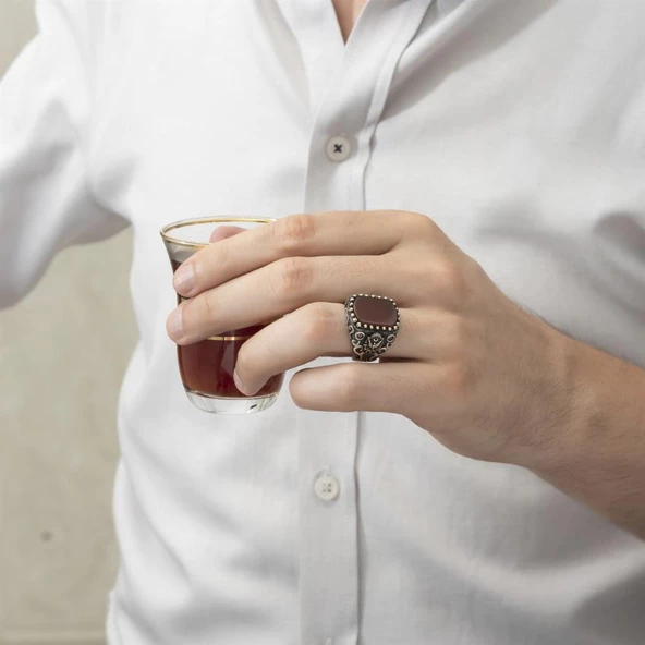 Osmanlı Devleti Armalı Akik Taşlı 925 Gümüş Erkek Yüzük - Resim 3