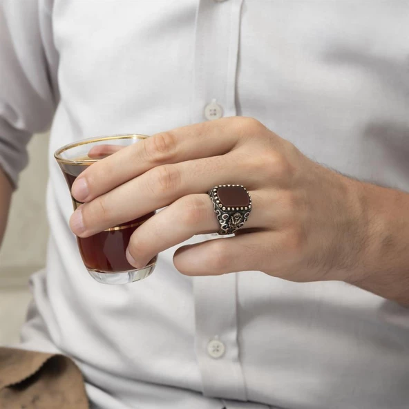 Osmanlı Devleti Armalı Akik Taşlı 925 Gümüş Erkek Yüzük - Resim 12