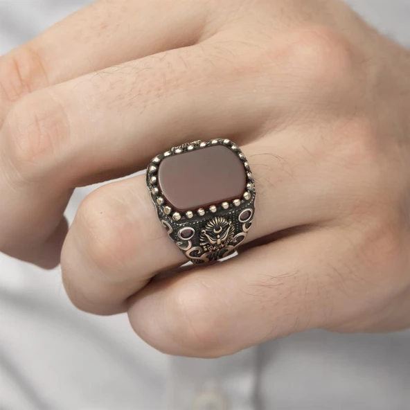 Osmanlı Devleti Armalı Akik Taşlı 925 Gümüş Erkek Yüzük - Resim 8