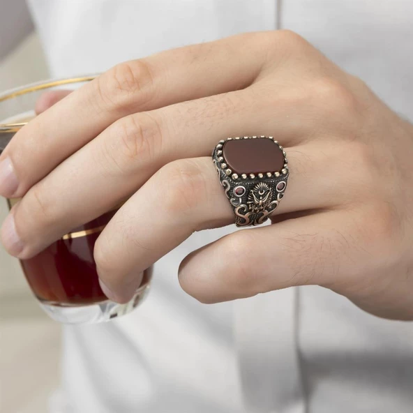 Osmanlı Devleti Armalı Akik Taşlı 925 Gümüş Erkek Yüzük - Resim 4