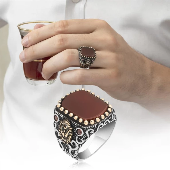 Osmanlı Devleti Armalı Akik Taşlı 925 Gümüş Erkek Yüzük - Resim 5